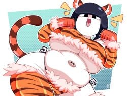 1girls 2022 androjuniarto belly big_breasts black_hair female_only highres looking_at_viewer looking_down maidbot_(androjuniarto) panties robot_girl side-tie_bikini simple_background smiling smiling_at_viewer tagme thick_thighs tiger_costume tiger_ears tiger_print tiger_tail underboob viewed_from_below white_skin