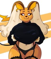 absurd_res anthro big_breasts breasts clothed clothing curvy_figure digital_media_(artwork) female fur fusion generation_1_pokemon generation_4_pokemon hi_res hybrid lagomorph legwear looking_at_viewer lopunny mammal nintendo orange_body orange_fur pokemon pokemon_(species) pokemon_fusion raichu raipunny raipunny_(mope7) rodd.y rodent simple_background smile solo tail tan_body tan_fur thick_thighs topwear tuft voluptuous wide_hips