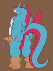 3:4 anthro ass biceps blue_body blue_scales bodily_fluids boots brown_background clothing elwind_(thiccvally) flat_colors footwear genital_fluids genitals gloves grin hands_on_hips handwear hi_res humanoid leather looking_at_viewer looking_back male nintendo pecs penis pink_penis pokémon_(species) pokemon precum red_body red_scales red_wings rough_sketch salamence scales simple_background slightly_chubby smile solo standing sweat tjloog video_games wings