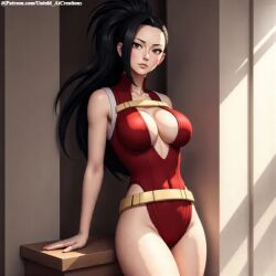 1girls ai_generated breasts cleavage clothed clothing female female_only inside momo_yaoyorozu my_hero_academia petite seductive solo standing untoldaicreations untoldcreate