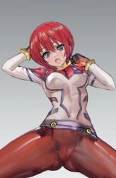 1girls amate_yuzuriha aqua_eyes ass_visible_through_thighs cleft_of_venus gundam gundam_gquuuuuux hair_between_eyes inner_thigh_dips mecha_pilot_suit pussy_visible_through_clothes red_hair short_hair solo