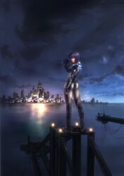 absurdres artist_request bodysuit city cityscape cloud cyberpunk cyborg female ghost_in_the_shell ghost_in_the_shell:_stand_alone_complex gun highres kusanagi_motoko landscape night night_sky purple_hair red_eyes rifle scenery science_fiction skin_tight sky solo weapon