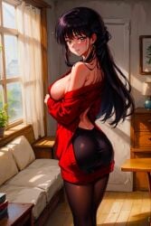 1girls ai_generated anime babe back bangs beautiful beautiful_females black_hair book book_stack butt casual_clothes curvy_female daytime divine_beauty door earrings heavenly_face house inuyasha inviting kikyo_(inuyasha) large_breasts legs looking_at_viewer looking_back off_shoulder off_shoulder_sweater pantyhose plant portrait revealing_clothes seductive_eyes shelf skirt smile sofa standing table toongenai waifu waifu_diffusion window wood wooden_floor wooden_table