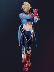 1boy 3d 3d_(artwork) abs black_sports_bra blonde_hair blue_jacket boots cammy_white cammy_white_(cosplay) clothed cloud_strife combat_boots cosplay cropped_jacket crossdressing crossdressing_male crossover final_fantasy_vii final_fantasy_vii_remake male midriff red_boots solo sports_bra street_fighter street_fighter_6 stretching tomgirl trap trivia3d yoga_pants