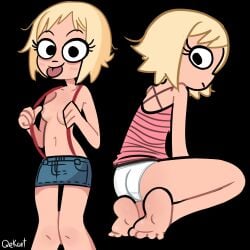 1girls alwer bare_shoulders black_eyes blonde_hair blush breasts dress dress_up female kneeling lisa_miller looking_back panties partially_clothed rear_view scott_pilgrim short_hair shorts suspenders tongue_out white_panties