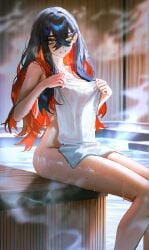 ai_generated blue_hair carmine_(pokemon) female holding_towel hot_spring multicolored_hair nude pokemon pokemon_sv red_hair sauna small_breasts solo towel towel_only yellow_eyes