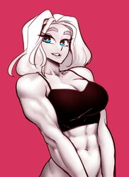 1girls beverly_(nortuet) big_breasts blonde_female blonde_hair blue_eyes breasts cleavage clothed clothing female female_only hi_res long_hair looking_at_viewer muscular muscular_female navel nortuet nortuet_universe original red_background revealing_clothes simple_background smile solo