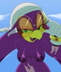 2025 5_fingers absurd_res anthro apinkgrape areola avian beak bird breasts digital_media_(artwork) eyelashes eyewear female fingers half-closed_eyes hi_res hirundinid looking_at_viewer narrowed_eyes nipples open_beak open_mouth oscine passerine purple_body sega sonic_(series) sonic_riders sonic_the_hedgehog_(series) swallow_(bird) wave_the_swallow