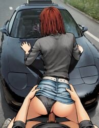 1boy 1girl ai_generated black_panties black_sweater brown_hair day denim_skirt female initial_d kyoko_iwase mazda mazda_rx-7 outdoors penis pov sex sex_from_behind