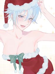 alternate_costume alternate_eye_color armpits arms_up big_breasts blue_eyes blush canon_genderswap christmas christmas_outfit cleavage female female_only genderswap_(mtf) ginko_sakata gintama gintoki_sakata light_blue_hair looking_at_viewer pale-skinned_female pale_skin rule_63 santa_hat sehpcnshnya short_hair smile solo very_short_hair white_hair