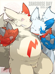 2014 anthro balls blue_body blush duo genitals hi_res kemono kisukemk777 male nintendo one_eye_closed overweight overweight_male pokémon_(species) pokemon pokemon_(species) red_body shiny_pokemon video_games white_body wink zangoose zangoose_day