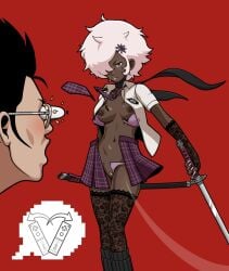 1boy 1girls afro dark-skinned_female dark_skin fumphole hair_over_one_eye katana no_more_heroes shinobu_jacobs stockings travis_touchdown white_hair