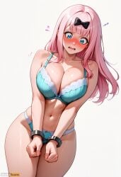 ai_generated aqua_bra bangs bare_shoulders black_bow blue_bra blue_eyes blue_panties blunt_bangs blush bound bound_wrists bow bra breasts cleavage collarbone cowboy_shot cuffs female fujiwara_chika hairbow handcuffs high_resolution highres kaguya-sama_wa_kokurasetai_~tensai-tachi_no_renai_zunousen~ large_breasts long_hair looking_down mole mole_on_breast navel open_mouth panties pink_hair simple_background skindentation solo stable_diffusion stomach thighs underwear underwear_only waifuscans418 white_background