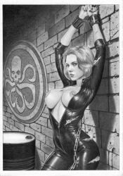 1girls 2024 big_breasts black_widow_(marvel) bondage breasts defeated defeated_heroine female female_only huge_breasts marvel marvel_cinematic_universe marvel_comics natasha_romanoff nipples scarlett_johansson shackles solo tim_grayson torn_clothes traditional_media_(artwork)