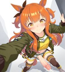 1futa 1girls ai_generated animal_ears cum cumshot futanari horse_ears horse_girl horse_tail large_penis mayano_top_gun_(umamusume) orange_hair penis pleasure_face smile smille umamusume yellow_eyes