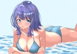 1girls arm_support ass beach big_breasts bikini blue_bikini blue_eyes blue_hair blush breasts busty cleavage crossed_arms female female_only highres kousan large_breasts legs looking_at_viewer lying make_heroine_ga_oo_sugiru! medium_hair ocean on_stomach open_mouth pose posing sensual solo swimsuit the_pose thighs tongue voluptuous water yanami_anna