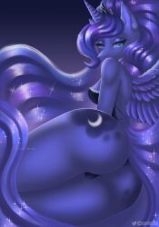 anthro ass big_hair big_tail blue_eyes bodysuit breasts clothed clothing cutie_mark equid equine eyelashes feathered_wings feathers female flowing_hair friendship_is_magic glistening glistening_hair hair hasbro hi_res horn horse huge_tail long_hair looking_at_viewer mammal medium_breasts my_little_pony mythological_creature mythological_equine mythology pony princess_luna_(mlp) purple_body purple_hair purple_tail purple_wings saardequeen seductive skinsuit small_wings solo sparkles tail tight_clothing unicorn wings