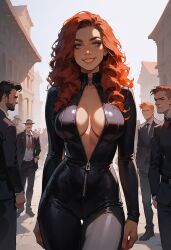 ai_generated big_breasts cleavage curly_hair female public red_hair street tight_suit