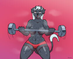 5:4 anthro avioylin barbell bodily_fluids breasts cameltoe exercise felid feline female gasp hi_res horn lifting looking_at_viewer mammal mostly_nude motion_lines muscular muscular_female open_mouth simple_background sister_(snofu) sport steam sweat thick_thighs weightlifting weights wet workout