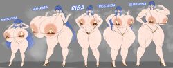 1girls areola_slip blue_hair female female_only gigantic_breasts huge_areolae huge_breasts human massive_breasts micro_bikini saggitary standing sweat wide_hips