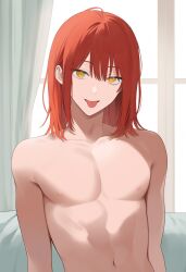 1boy ai_generated chainsaw_man couch genderswap genderswap_(ftm) looking_at_viewer makima_(chainsaw_man) pecs red_hair rule_63 tongue_out window yellow_eyes.