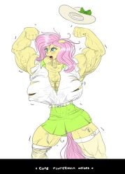 accessory angry anthro belt biceps big_breasts big_muscles blue_eyes blush bottomwear breasts cleavage clothed clothing equid equine eyelashes female flexing fluttershy_(mlp) friendship_is_magic garter growth hair hasbro hat headgear headwear hellbridge horse legwear mammal muscle_growth muscular muscular_anthro muscular_female my_little_pony mythological_creature mythological_equine mythology nipples open_mouth pegasus pink_hair shirt shorts skirt solo stockings topwear torn_clothing vein wings