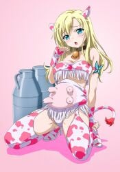 1girls animal_ears animal_print bandeau bare_shoulders bell blonde_hair blue_butterfly blue_eyes blush boku_wa_tomodachi_ga_sukunai bottle breasts bug butterfly commentary_request cow_ears cow_girl cow_print cow_print_gloves cow_print_thighhighs cow_tail cowbell full_body gloves hand_up high_heels highres hucow insects kashiwazaki_sena kneeling large_breasts long_hair milk_bottle neck_bell open_mouth pink_armband pink_background pink_bandeau pink_gloves pink_tail pink_thighhighs print_gloves print_thighhighs shadow solo tail thighhighs udder udders underboob watanabe_yoshihiro white_footwear