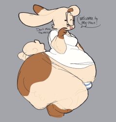 anthro ass big_butt bulge cellulite clothing dialogue english_text femboy fluffy lagomorph leporid lopsalien male mammal overweight overweight_anthro overweight_male rabbit ramsey_(lopsalien) side_view solo tail tail_motion tail_tuft tailwag text thick_thighs tuft