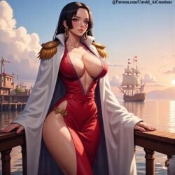 1girls ai_generated big_breasts boa_hancock breasts cleavage clothed clothing female one_piece outdoors public seductive solo standing