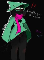 ! !! anthro black_body black_fur blush bottomless bovid breasts caprine clothed clothing deltarune dialogue embarrassed english_text eyewear female fur furry furry_only genitals glasses goat green_clothing mammal mtf_crossgender no_underwear pink_scarf profanity pussy ralsei rule_63 santea scarf solo text undertale_(series) upskirt video_games wind