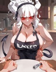 1boy 1boy1girl 1girls ai_generated alternate_body_type alternate_breast_size apron apron_only big_ass big_breasts blowjob blowjob_face boyfriend-girlfriend breasts_bigger_than_head breasts_out breasts_out_of_clothes cuckold cuckold_pov curvy demon_girl half_naked hand_on_hip harem_girl helltaker horns in_front_of_boyfriend large_breasts light-skinned_female light-skinned_male light_skin looking_at_partner looking_at_viewer lucifer_(helltaker) mole mole_under_eye nipple_piercing nipples piercing red_eyes tail white_hair