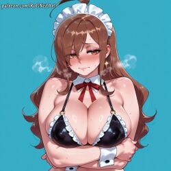 1girl 2026 ahoge ai_generated anime arms_under_breasts bangs bare_shoulders bikini black_bikini blue_background blush boobs breasts breath brown_eyes brown_hair cleavage closed_mouth collarbone covered_nipples crossed_arms crossover detached_collar earrings embarrassed eye_contact female female_focus flushed frilled_bikini frills hair_between_eyes half-closed_eyes highres huge_breasts jewelry kono_subarashii_sekai_ni_shukufuku_wo! konosuba large_breasts long_hair looking_at_viewer maid_bikini maid_headdress neck_ribbon neutral_expression nsfw o-ring o-ring_bikini patreon red_ribbon ribbon rognezart shiny shiny_skin sidelocks simple_background solo steaming_body sweat sweaty swimsuit upper_body very_long_hair wavy_mouth wet wiz_(konosuba) wrist_cuffs