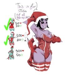 2025 5_eyes alternate_version_available armpits arms_behind_back christmas christmas_outfit clothing english_text fangs female monster_girl muffet no_visible_genitalia pulling_clothing santa_hat simple_background sleeves smile smiling smiling_at_viewer spider_girl talking_to_viewer teasing teasing_viewer thick_thighs thighhighs undertale undertale_(series) white_background zackocafeina