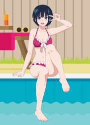 1girls bare_leg bikini blue_eyes blue_hair botan_nagatsuki cleavage looking_at_viewer medium_breasts pool poolside red_bikini short_hair sitting string_bikini