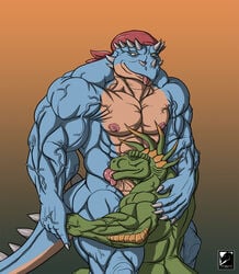 2015 anthro blue_body blue_scales brown_background clothing dinosaur dinosaurs_(series) duo genitals green_body green_scales hand_holding hand_on_back headgear headgear_only headwear headwear_only hi_res kevindragon licking male male/male mostly_nude multicolored_body muscular muscular_anthro muscular_male nude oral penile penis penis_lick reptile robbie_sinclair scales scalie sex signature simple_background spike_(dinosaurs) tongue tongue_out two_tone_body