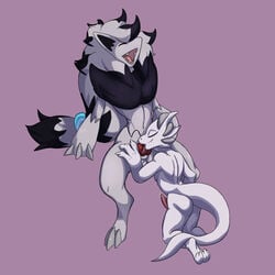 1:1 anthro black_body black_fur bodily_fluids chest_fur claws duo fur grey_body hair hi_res hibris jewelry kobold long_hair male male/male nintendo open_mouth oral pokémon_(species) pokemon pokemon_(species) spread_legs spreading video_games white_body zoroark