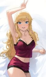 1girls absurd_res absurdres arm_above_head arm_support arm_up armpit armpit_crease armpit_peek armpits belly belly_button blonde_eyebrows blonde_female blonde_hair blonde_hair_female blue_eyes blue_eyes_female breasts busty busty_female busty_girl camisole character_request cleavage collarbone copyright_request dot_nose elbows fair_skin female female_focus female_only fingers hairless_armpits hand_above_head hand_sign hand_up high_resolution highres large_breasts lean_body lean_figure legs light-skined_female light-skinned light-skinned_female light_skin light_skin_female light_skinned light_skinned_female long_hair looking_at_viewer midriff narrow_waist navel nhaliz night_gown open_mouth open_mouth_smile parted_lips peace_sign red_camisole red_shorts shaved_armpits shorts shoulders sign simple_background slender_body slender_waist slim_girl slim_waist smile smiley_face smiling smiling_at_viewer smooth_armpits smooth_skin solo thick_thighs thighs thin_waist tongue upper_body upper_teeth v v_sign wavy_hair white_background yellow_eyebrows yellow_hair yellow_hair_female