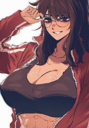 1girls abs breasts brown_eyes brown_hair choi_jinseon_(spoiledmuffin) cleavage eyewear glasses hi_res huge_breasts jacket jacket_open large_breasts matching_hair/eyes muscular muscular_female original pixel_art round_glasses solo spoiledmuffin sports_bra