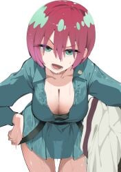 1girls amate_yuzuriha aqua_eyes aqua_shirt aqua_skirt blush breasts cleavage collarbone gundam gundam_gquuuuuux hair_between_eyes highres huge_breasts leaning_forward long_sleeves looking_at_viewer lower_teeth_only multicolored_hair open_mouth pink_hair sanpaku satou_daiji shirt short_hair simple_background skirt solo sweat teeth thighs two-tone_hair white_background