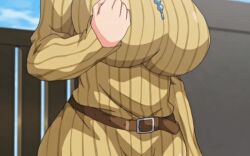 10s 1girls 2018 animated belt belt_buckle big_breasts breasts brown_dress brown_eyes brown_hair buckle clothed clothes clothing dress female female_focus female_only fully_clothed huge_breasts human human_only jewelry kyonyuu_daikazoku_saimin large_breasts mole mole_under_eye necklace okabe_ruiko outdoors screencap short_hair solo solo_female tagme upper_body