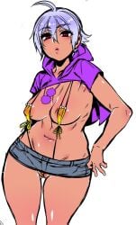 ahoge areola_slip between_labia big_breasts bikini cameltoe canon_genderswap chokukame cropped_hoodie extreme_crop_top female female_only frontal_wedgie genderswap_(mtf) ginko_sakata gintama gintoki_sakata hoodie light_purple_hair looking_at_viewer microskirt pubic_stubble revealing_clothes rule_63 shaved_pussy shiny_skin short_hair shrug_(clothing) skimpy skimpy_clothes sling_bikini solo string_bikini tan_body tan_skin thick_thighs very_short_hair wide_hips