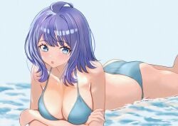 1girls arm_support ass beach big_breasts bikini blue_bikini blue_eyes blue_hair blush breasts busty cleavage crossed_arms female female_only highres kousan large_breasts legs looking_at_viewer lying make_heroine_ga_oo_sugiru! medium_hair ocean on_stomach open_mouth pose posing sensual solo swimsuit the_pose thighs tongue voluptuous water yanami_anna