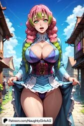 ai_generated artist_name bangs big_breasts blue_sky blush braid breasts building city cleavage clothes_lift cloud cloudy_sky cowboy_shot day demon_slayer female gradient_hair green_eyes green_hair heart heart-shaped_pupils house kanroji_mitsuri kimetsu_no_yaiba large_breasts lifted_by_self long_hair long_sleeves looking_at_viewer mole mole_under_eye multicolored_hair naughtygirlsai open_mouth outdoors panties pink_hair skirt skirt_lift sky smile solo solo_focus standing thighs underwear