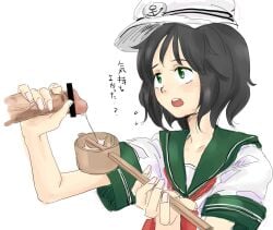 1boy anchor_symbol bar_censor black_hair blush censored cum cum_in_container disembodied_penis female green_eyes green_sailor_collar handjob hat hishaku michael-x murasa_minamitsu neckerchief open_mouth penis red_neckerchief sailor_collar sailor_hat short_sleeves touhou translation_request upper_body