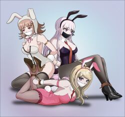 3girls alternate_version_available bondage bondageakamatsu_kaede bound bound_ankles bound_wrists breasts bunny_ears bunny_girl bunny_tail bunnysuit danganronpa danganronpa:_trigger_happy_havoc danganronpa_1 danganronpa_2:_goodbye_despair danganronpa_v3 female female_only femsub fishnets fully_clothed gag gagged just_some_guy kirigiri_kyouko large_breasts mole mole_on_breast multiple_girls nanami_chiaki revealing_clothes rope stockings straight_hair tied_up