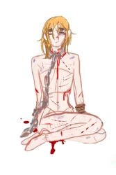 abuse abused androgynous black_eye blood bloody_nose bruise bruised bruised_eye bruises chain_leash chained chains cuts genshin_impact ginger ginger_hair green_eyes kogane_momo malnourished nosebleed rope scars sitting sketch skinny skinny_male thoma_(genshin_impact) tied_up