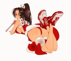 1girls ass bare_legs brown_eyes brown_hair crossed_ankles fatal_fury female from_behind full_body king_of_fighters kunoichi large_breasts long_hair looking_at_viewer looking_back lying lying_on_stomach mai_shiranui ninja no_bra on_stomach ponytail red_panties revealing_clothes sideboob sneakers solo sumustard