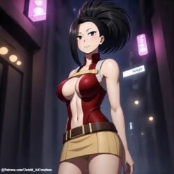 1girls ai_generated breasts cleavage clothed clothing female momo_yaoyorozu my_hero_academia outdoors petite public solo standing