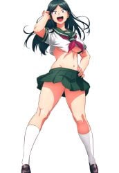 1girls breasts cropped_shirt green_hair green_sailor_collar green_serafuku green_skirt hand_in_own_hair hand_on_own_hip highres large_breasts level_1_demon_lord_and_one_room_hero long_hair looking_at_viewer lv1_maou_to_one_room_yuusha maou_(level_1_demon_lord_and_one_room_hero) maou_(lv1_maou_to_one_room_yuusha) miniskirt navel neckerchief open_mouth pleated_skirt red_eyes red_neckerchief sailor_collar school_uniform serafuku short_sleeves simple_background skirt solo standing thighhighs thighs underboob watanabe_yoshihiro white_background white_thighhighs