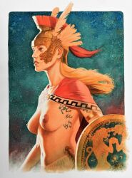 1female 1woman belly_button blonde_female blonde_hair_female breasts cape color francois_miville-deschenes helmet lips long_hair_female nipples tattoos topless